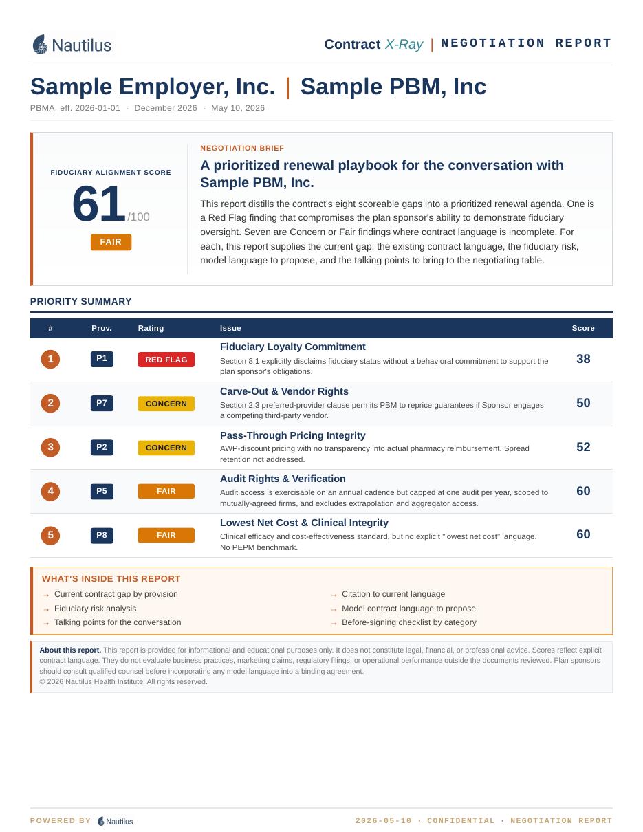 Negotiation Report sample showing negotiation strategy and priority redlines for flagged provisions
