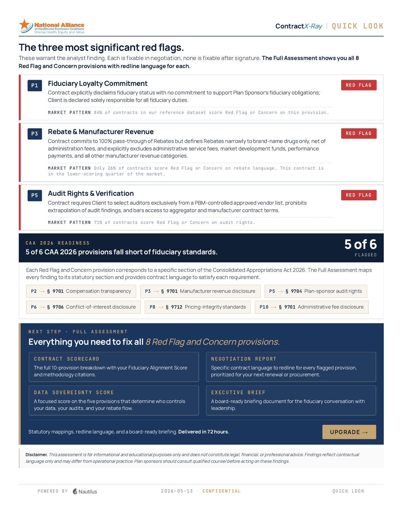 Quick Look sample report, page 2, showing three most significant red flags and CAA 2026 readiness mapping